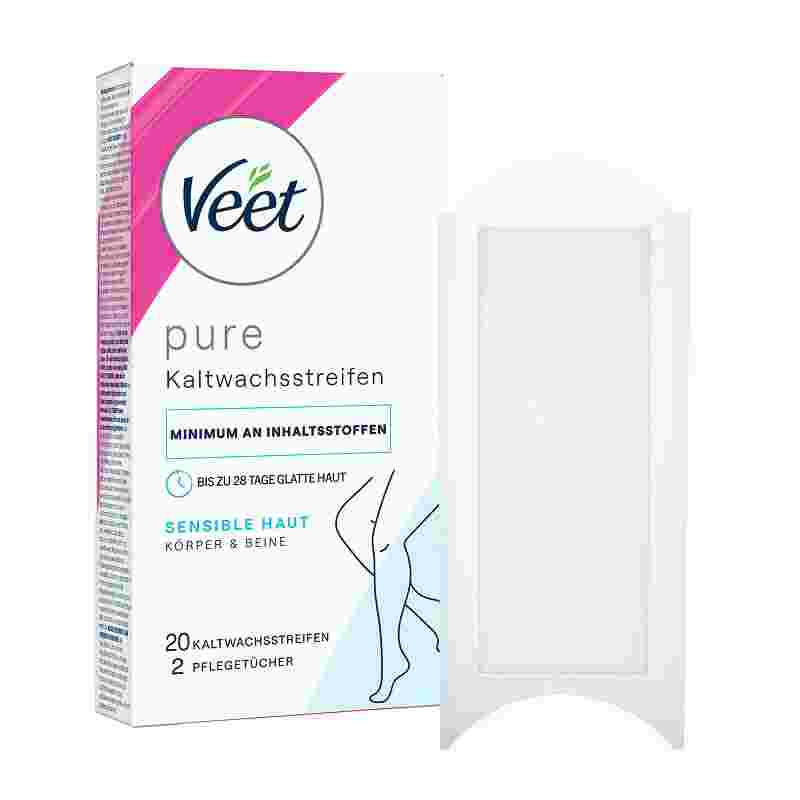 Veet PURE Kaltwachsstreifen Beine & Körper, sensible Haut, 20 Stück
