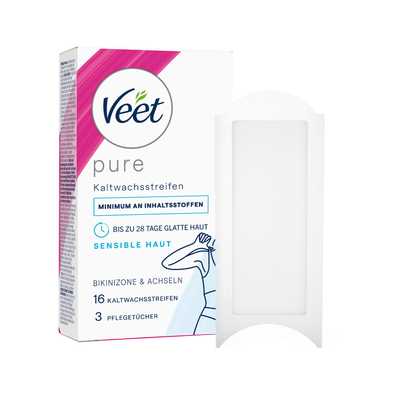 Veet PURE Kaltwachstreifen Bikini & Achseln, sensible Haut, 16 Stück